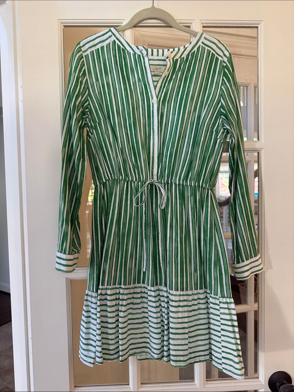 LOFT Green & White Striped Women’s Drawstring Tiered Dress